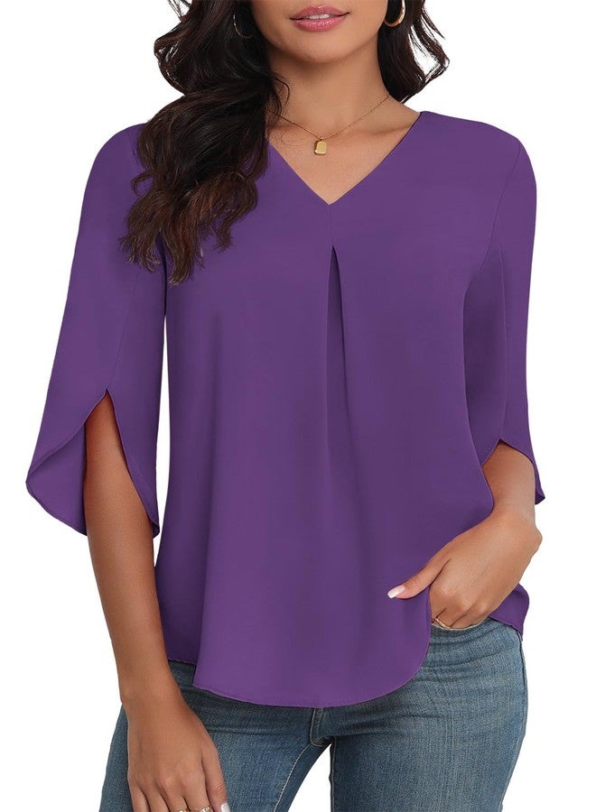 LAOLASI 2025 Blouses for Women Autumn 3/4 Sleeve V Neck Casual Dressy Blouse Work Cute Ladies Tops Shirts,Purple,L - Image 1